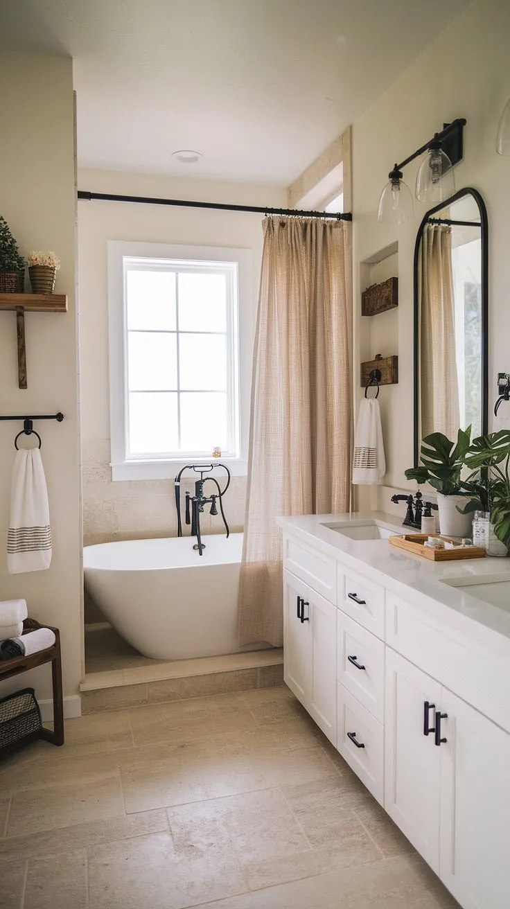 With its elegant white vanity, black faucet, and charming potted plants, this modern farmhouse bathroom exemplifies the perfect blend of farmhouse bathroom style and contemporary design.