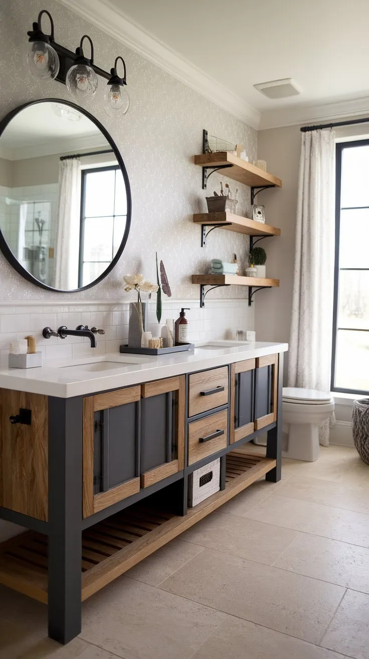 This stunning modern farmhouse bathroom features a stylish white vanity with dual sinks, dark gray accents, and decorative wood shelves, making it a perfect inspiration for master bathroom ideas and bathroom remodel designs.
