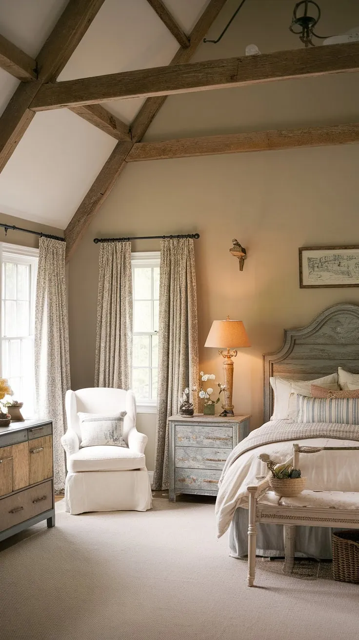 With its distressed wooden headboard and charming cottage elements, this country bedroom showcases delightful farmhouse bedroom decor that radiates warmth and comfort.
