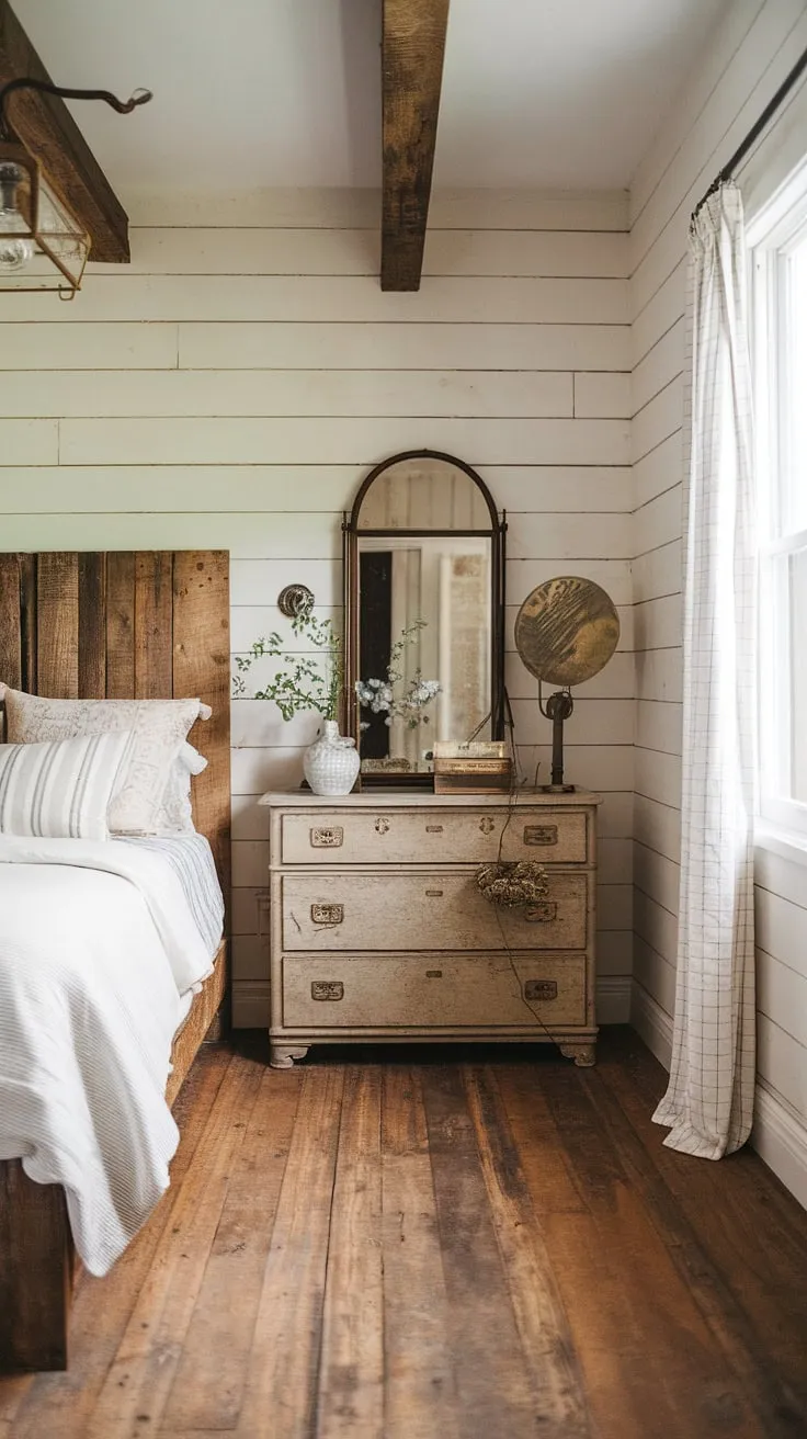 This modern farmhouse bedroom blends vintage farmhouse decor with cozy elements, featuring a rustic wooden headboard, vintage light fixture, and shiplap walls for a charming country cottage feel.