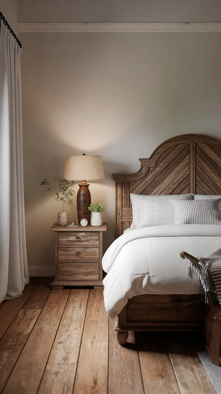 The cozy atmosphere of this modern farmhouse bedroom, adorned with vintage touches and rustic decor, creates an inviting cottage vibe ideal for a bedroom remodel.