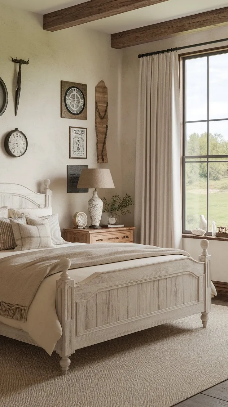 This modern farmhouse bedroom blends vintage charm and cozy decor, featuring a queen-size bed, rustic accents, and a picturesque view that captures the essence of a country cottage.