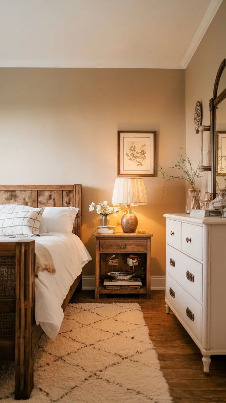 The inviting country bedroom showcases a perfect mix of modern farmhouse and vintage elements, creating a cozy retreat with rustic furniture and soft decor.