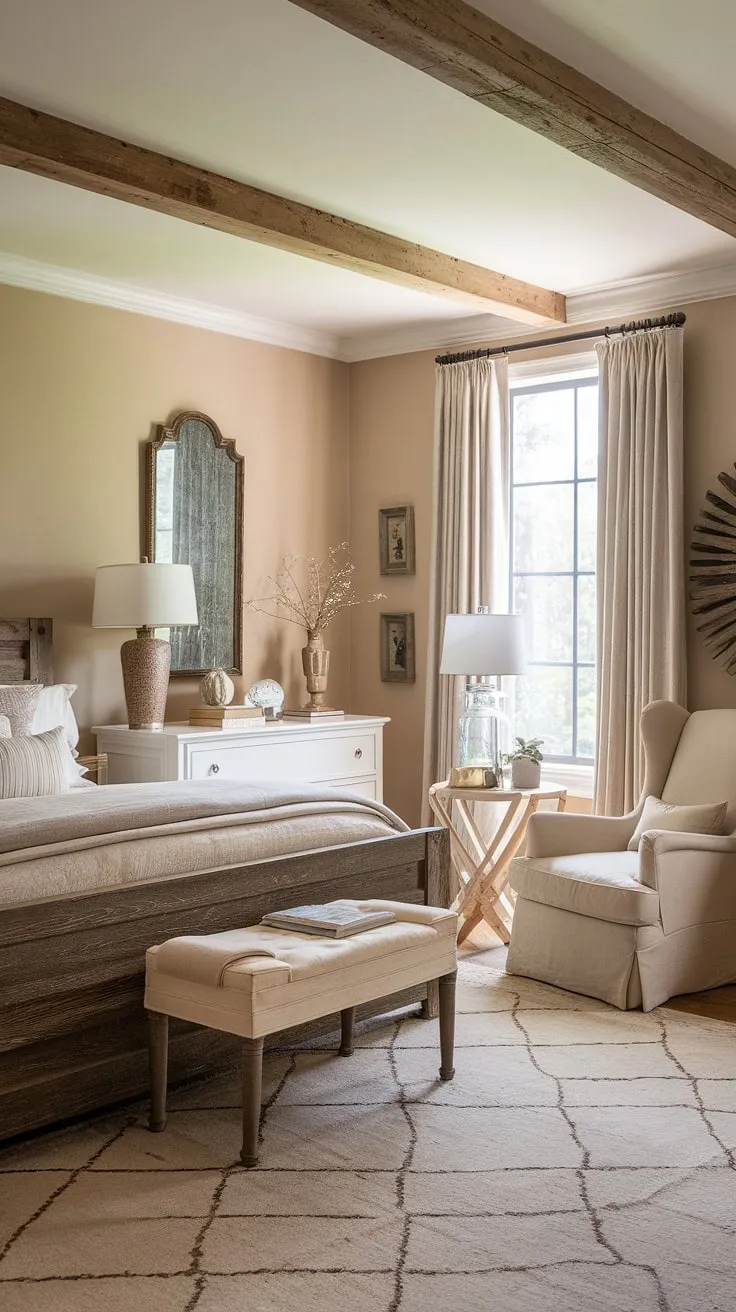 The cozy ambiance of this modern farmhouse bedroom, adorned with vintage decor and rustic touches, creates an inviting space ideal for a bedroom remodel.
