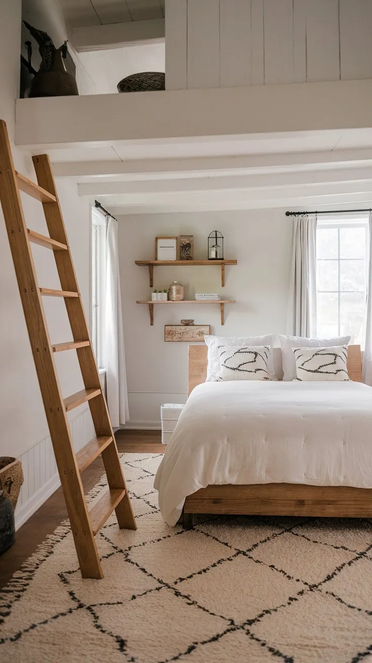 The inviting farmhouse bedroom decor combines modern and vintage styles, creating a warm and cozy atmosphere with a neutral palette and rustic accents.