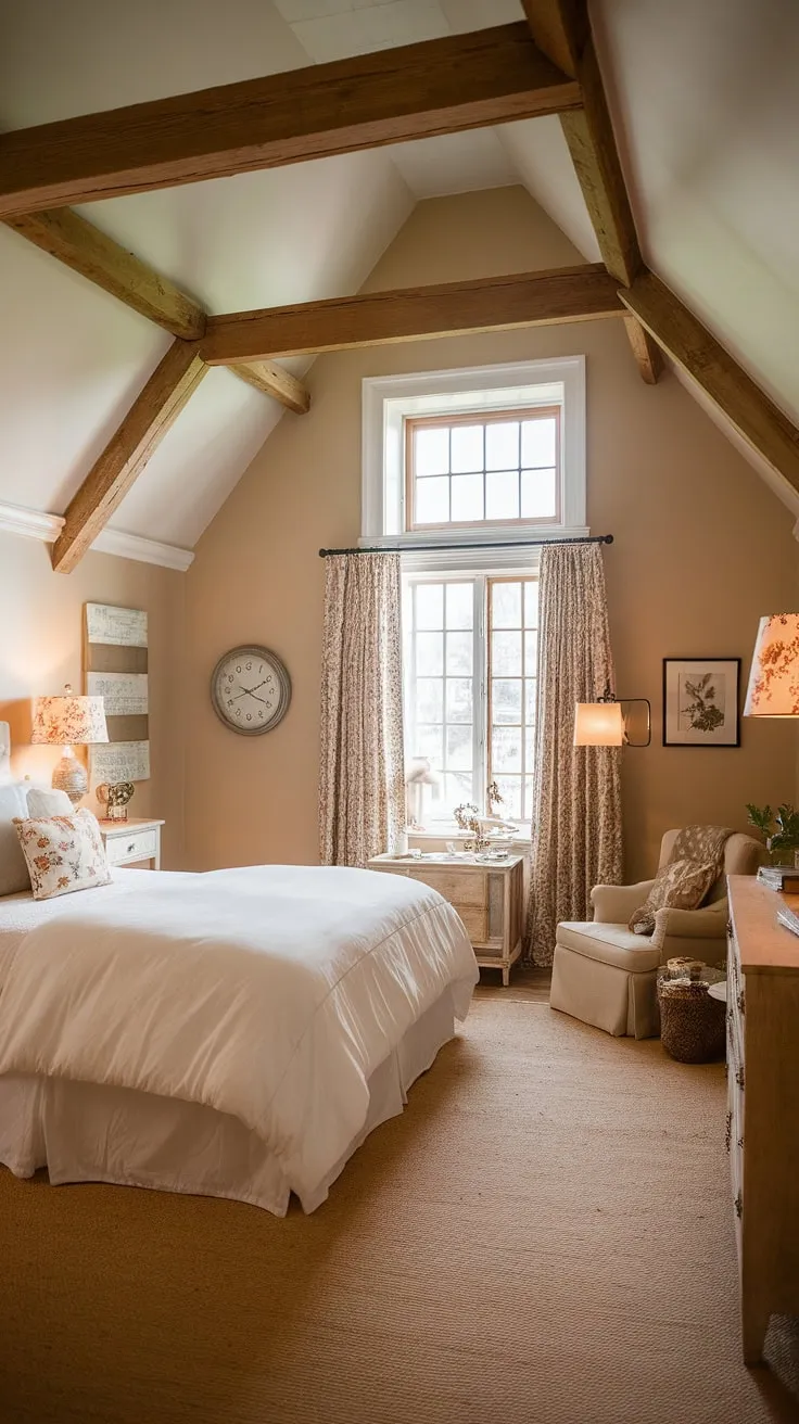 With its warm ambiance and inviting decor, this modern farmhouse bedroom captures the essence of cottage living while showcasing vintage elements for a delightful country retreat.