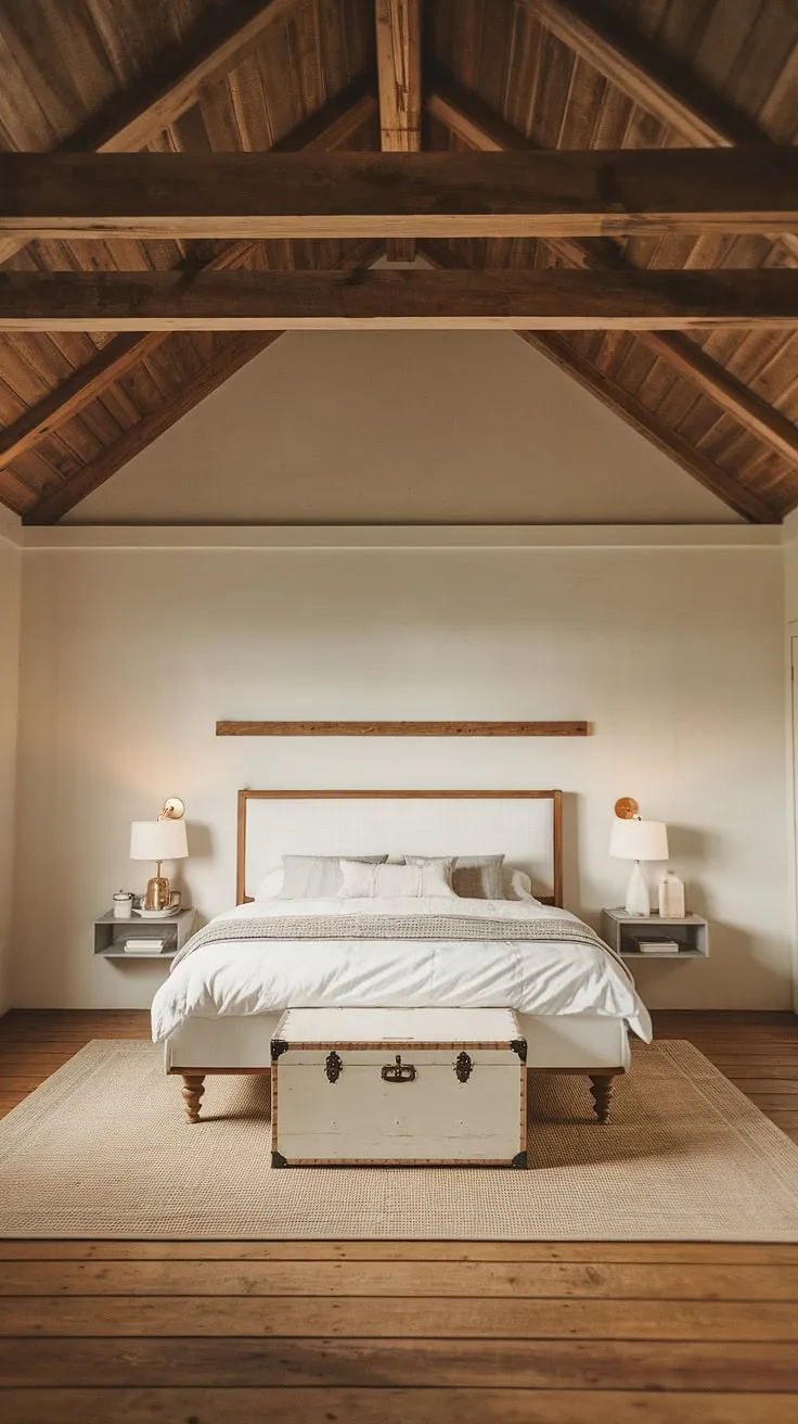 With its wooden floors, white walls, and vintage touches, this modern farmhouse bedroom offers a stylish and inviting space for a bedroom remodel that captures the essence of cozy farmhouse decor.