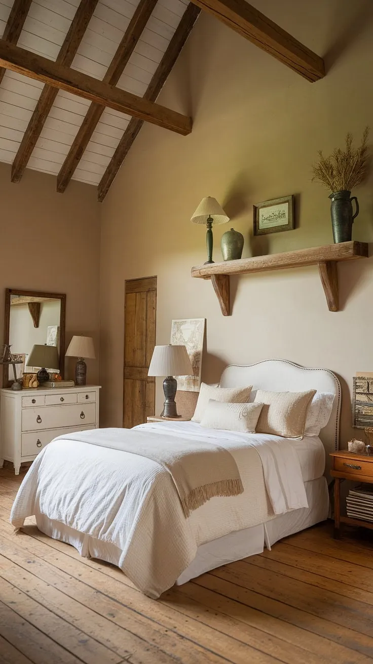 With its queen-size bed, white dresser, and rustic wooden accents, this cottage bedroom exemplifies the ideal farmhouse bedroom remodel for a cozy retreat.