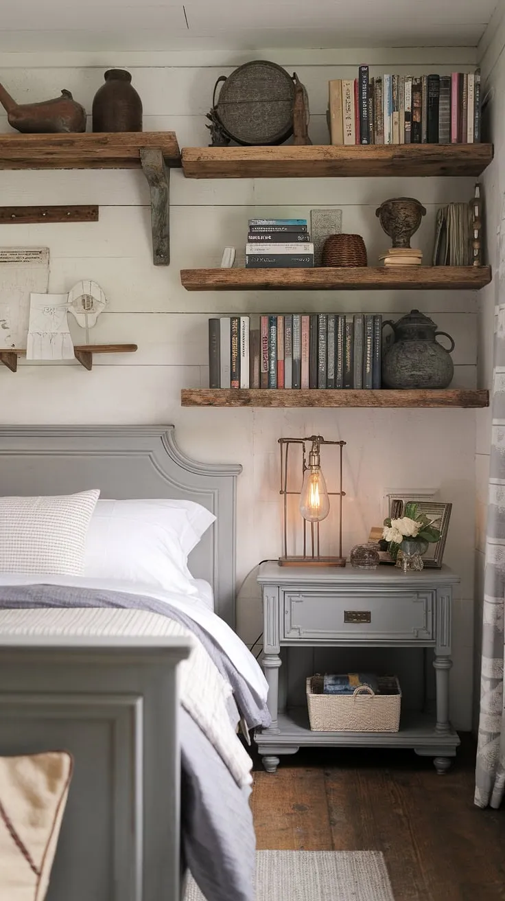 This modern farmhouse bedroom blends vintage charm with cozy decor, featuring a gray bed frame, white headboard, and rustic wooden shelves for a perfect country cottage vibe.