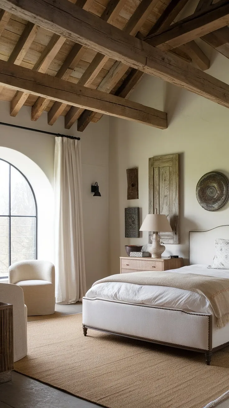 With its wooden beams, vintage lamp, and rustic decor, this modern farmhouse bedroom captures the essence of cozy country living while offering a stylish bedroom remodel.