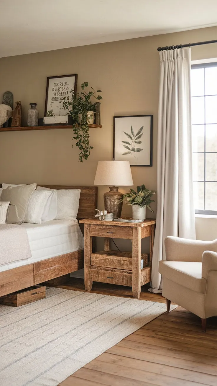 This cozy modern farmhouse bedroom blends vintage farmhouse decor with rustic charm, featuring a wooden bed frame, a stylish nightstand, and warm beige tones for a perfect country cottage retreat.