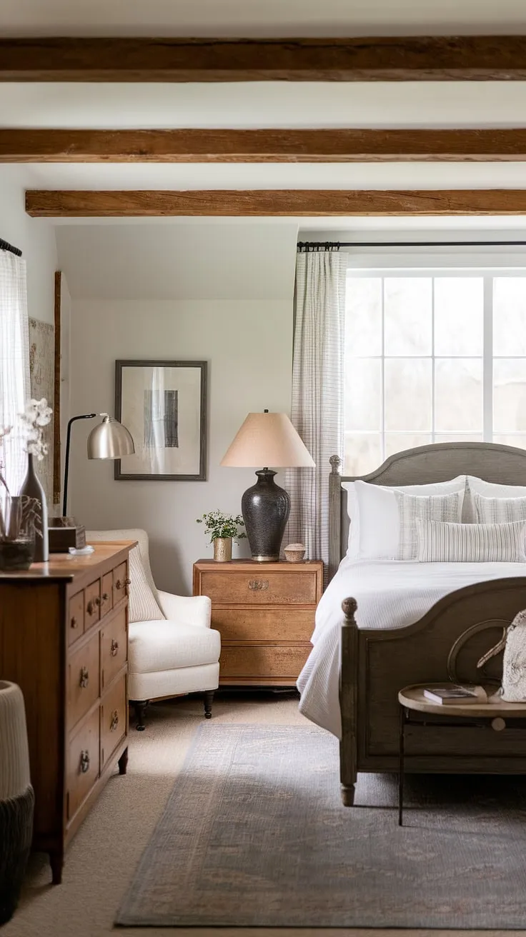Blending vintage and modern farmhouse bedroom decor, this cozy space features a queen-size bed and rustic accents, creating an inviting atmosphere for a country or cottage bedroom.