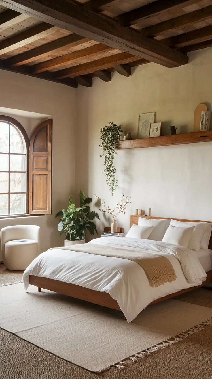 This vintage farmhouse bedroom with a modern twist features cozy decor elements like a wooden beam ceiling, a queen-size bed with a white duvet, and charming plants, making it an ideal choice for a stylish bedroom remodel.