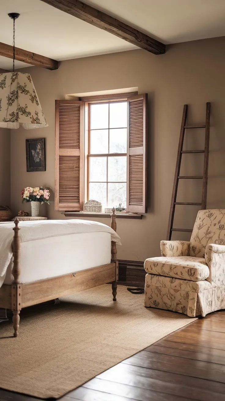 This cozy modern farmhouse bedroom blends vintage farmhouse decor with rustic charm, featuring a wooden bed frame, floral accents, and a warm beige palette for a perfect country cottage retreat.