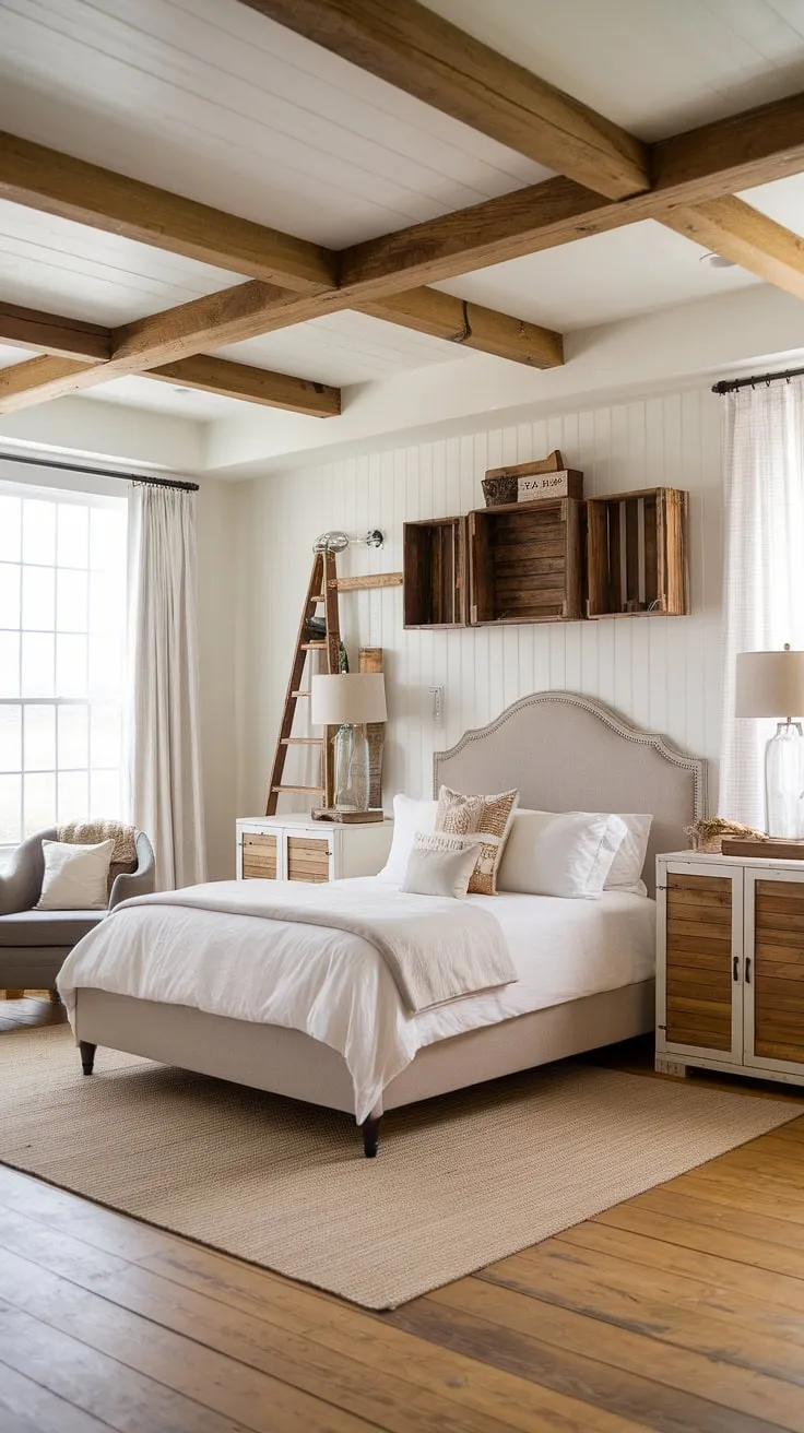 This modern farmhouse bedroom blends vintage charm with cozy decor, featuring a queen-size bed, wooden beam ceiling, and rustic accents for a perfect country cottage retreat.