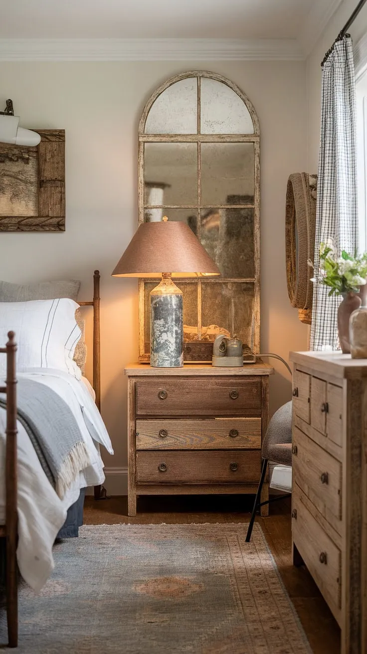 With its warm lighting and vintage-inspired decor, this modern farmhouse bedroom captures the essence of cozy country living while showcasing stylish farmhouse bedroom decor.