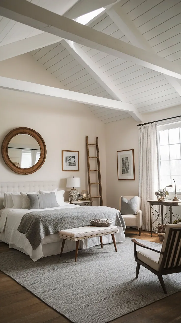 With its high ceilings and inviting decor, this cottage bedroom showcases a perfect mix of modern and vintage elements, creating a warm and welcoming atmosphere.