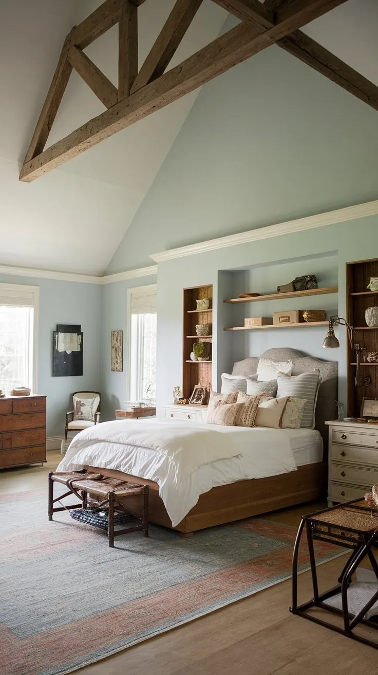 With its high ceilings, vintage lamp, and inviting area rug, this cottage bedroom showcases a delightful mix of farmhouse bedroom decor that creates a warm and welcoming atmosphere.