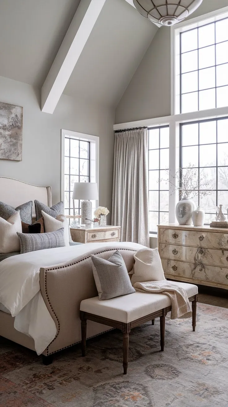 This vintage farmhouse bedroom with a modern twist features cozy decor, a stylish upholstered headboard, and charming country elements, making it a perfect choice for a bedroom remodel.