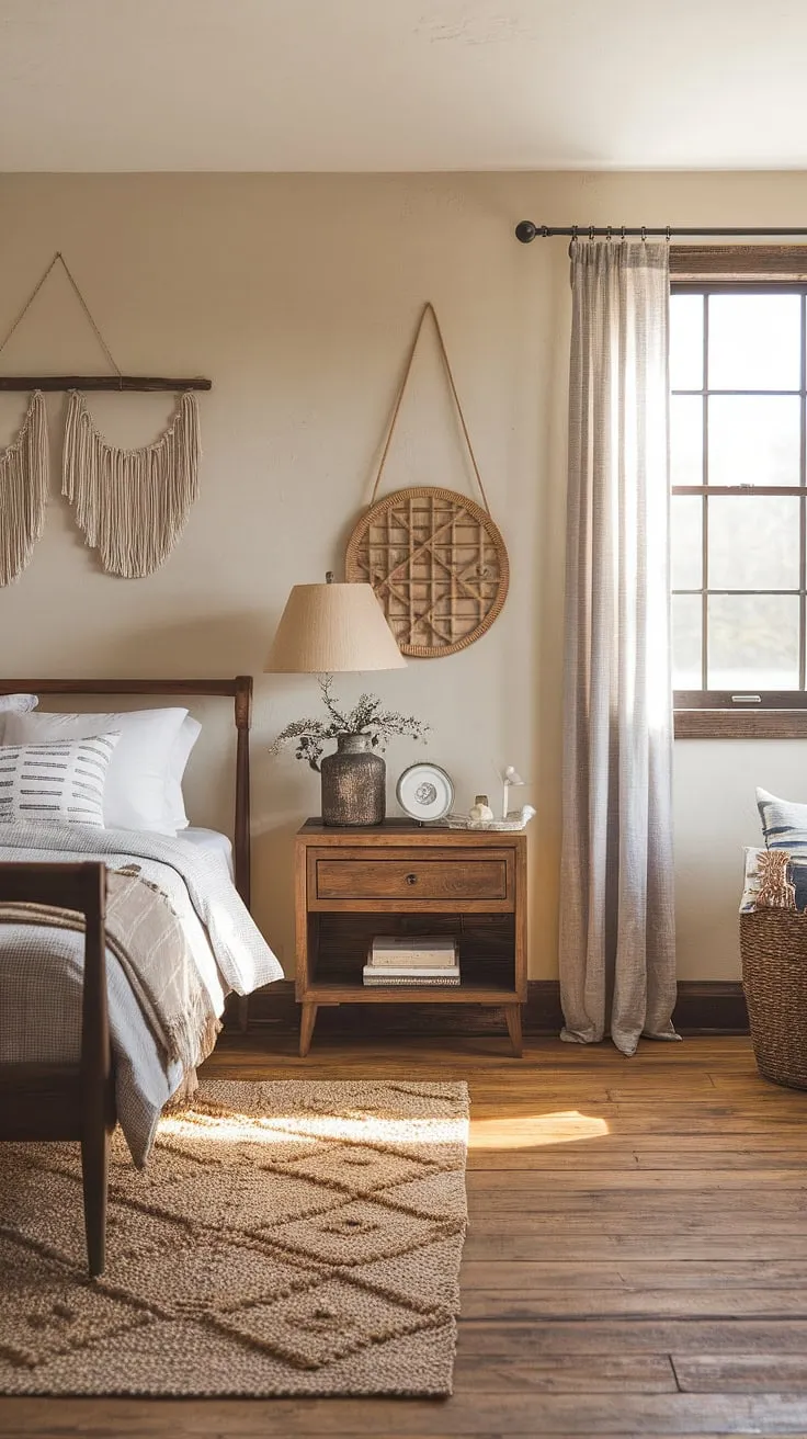 This cozy vintage farmhouse bedroom features modern farmhouse decor with a wooden bed frame, woven rug, and natural light, creating a perfect blend of country charm and stylish bedroom remodel.