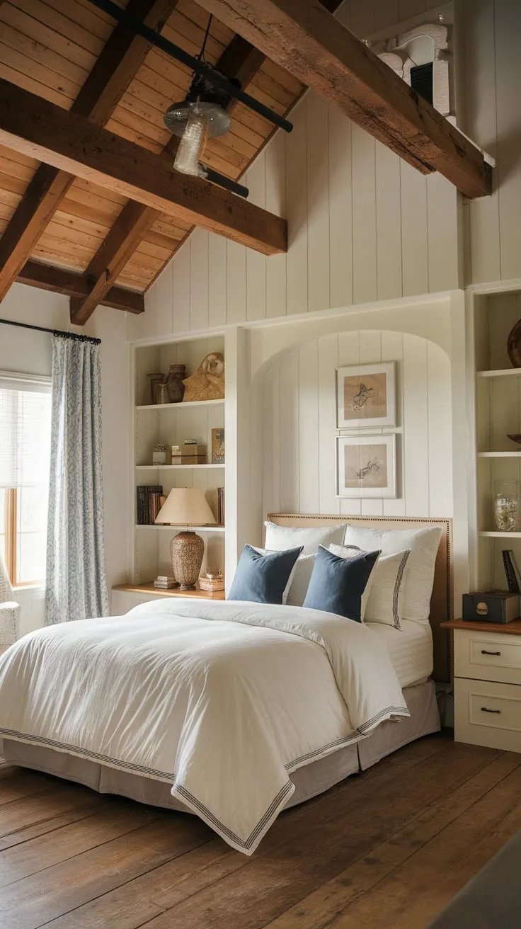 This modern farmhouse bedroom blends vintage elements with cozy decor, featuring a wooden beam ceiling, white walls, and a warm palette that creates a charming country cottage feel.
