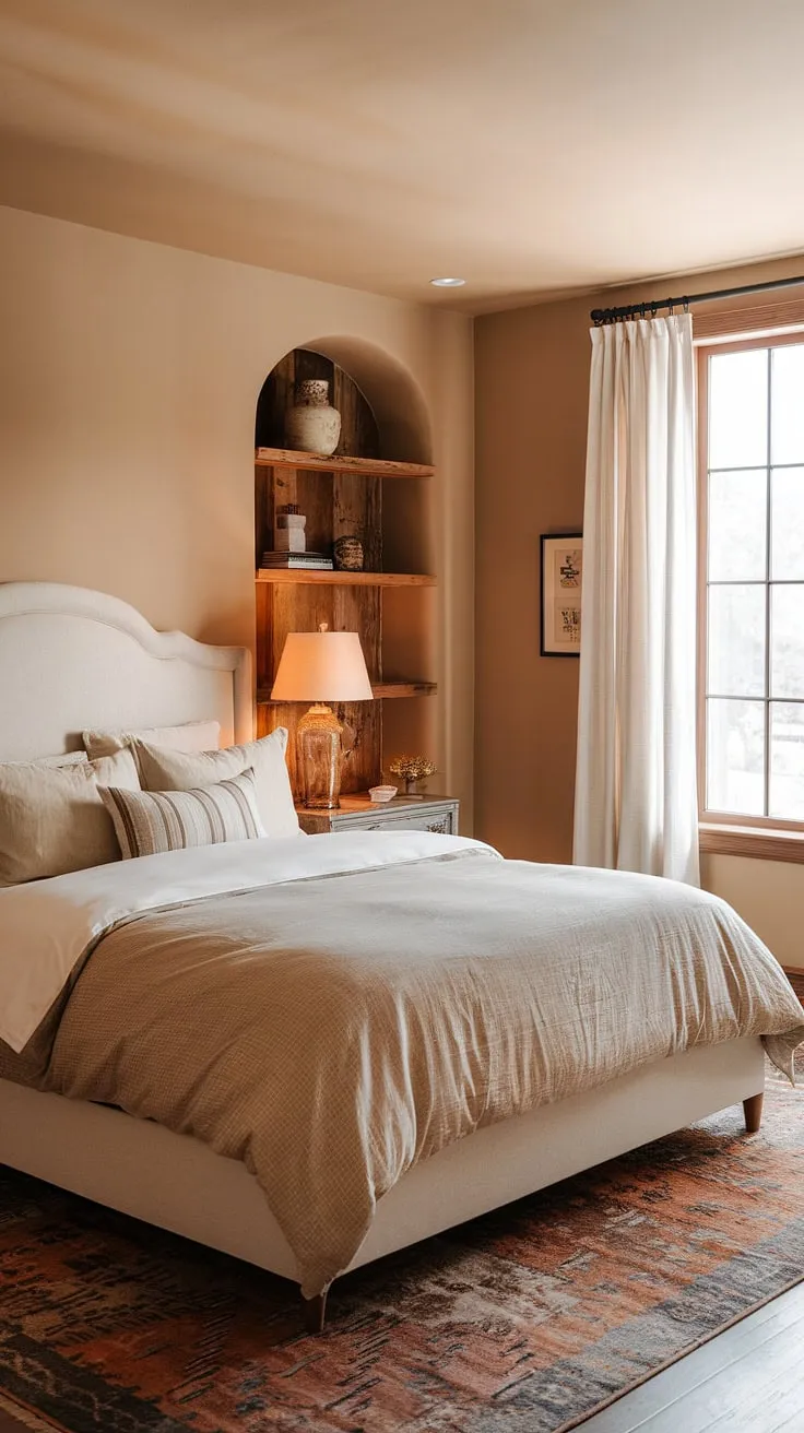 The cozy ambiance of this modern farmhouse bedroom, adorned with vintage decor and warm hues, creates an inviting retreat ideal for a bedroom remodel.