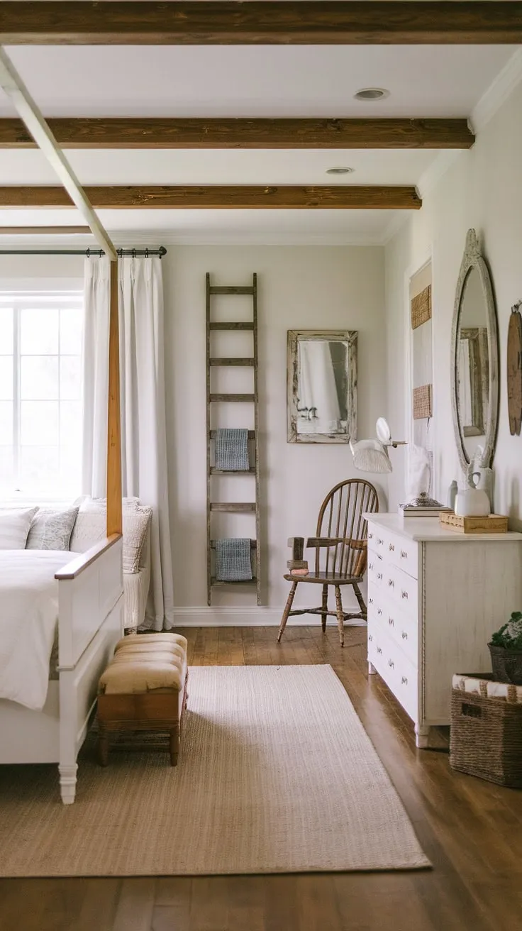 This modern farmhouse bedroom blends cozy bedroom decor with vintage farmhouse elements, featuring a white bed frame, rustic accents, and a warm ambiance perfect for a country cottage retreat.