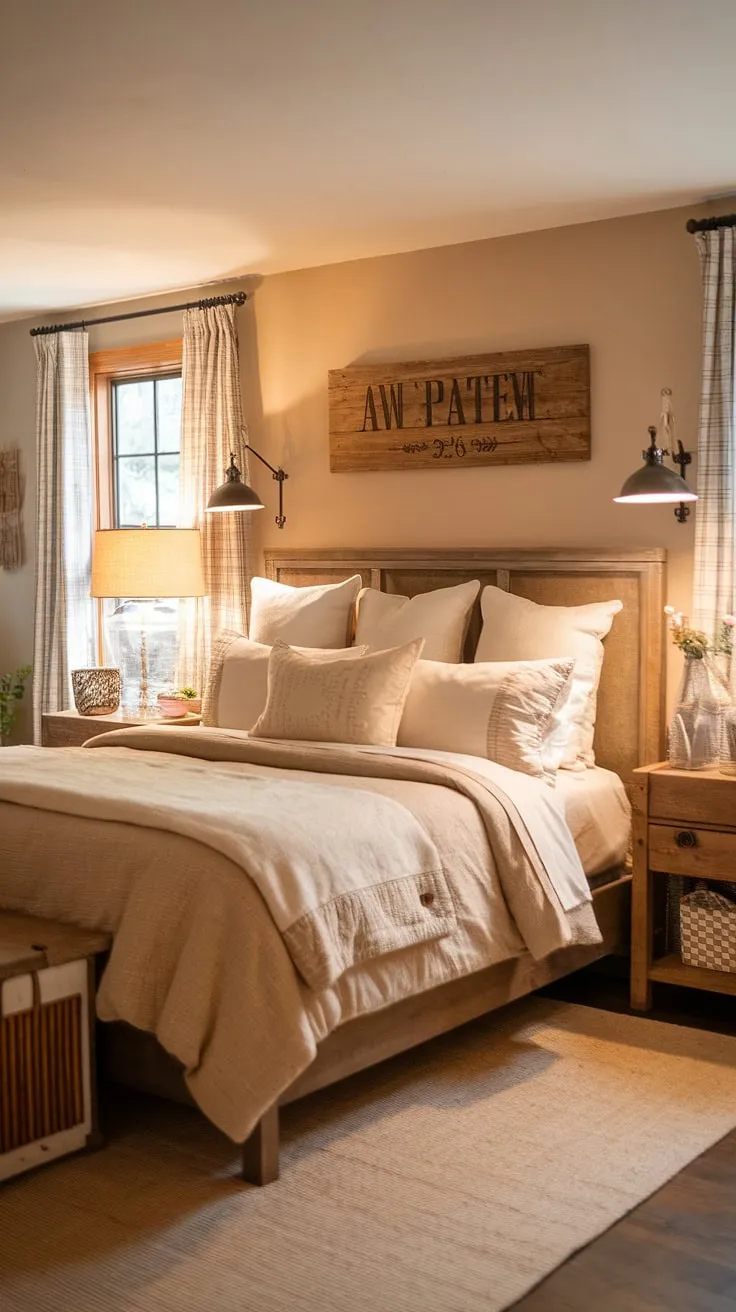 This modern farmhouse bedroom blends vintage charm with cozy decor, featuring a wooden bed frame, rustic accents, and a warm ambiance for a perfect country cottage retreat.