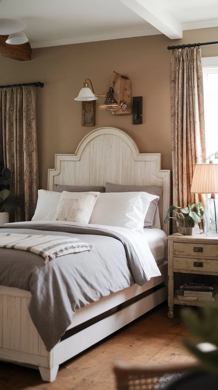 This modern farmhouse bedroom blends vintage elements with cozy decor, featuring a white wooden bed, a vintage headboard, and warm beige walls for a charming country cottage feel.