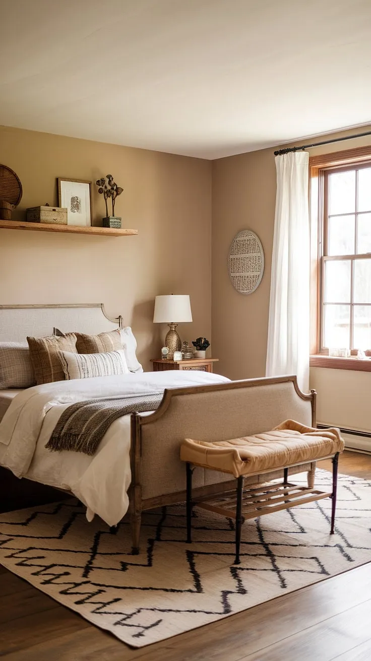 This modern farmhouse bedroom blends vintage charm with cozy decor, featuring a rustic wooden bed, geometric rug, and warm beige walls for a perfect country cottage retreat.