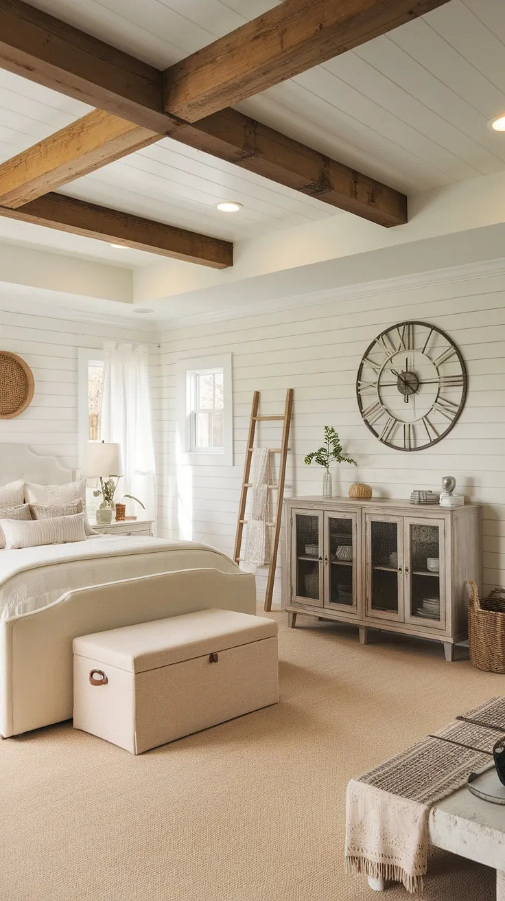 This modern farmhouse bedroom blends cozy and vintage farmhouse decor with rustic elements like a wooden beam ceiling and a vintage cabinet, creating a charming cottage ambiance perfect for a bedroom remodel.