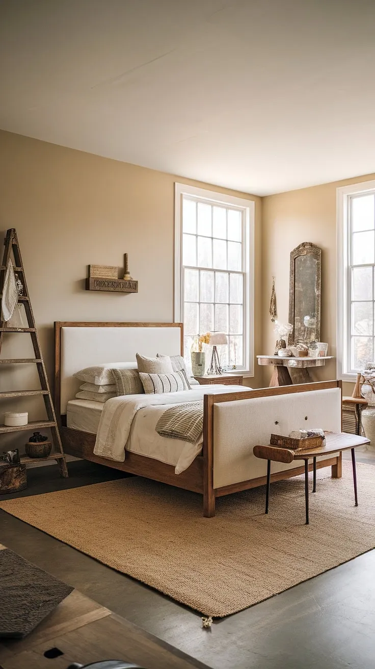 This modern farmhouse bedroom blends vintage decor and cozy elements, featuring a queen-size bed, rustic accents, and ample natural light for a charming country retreat.