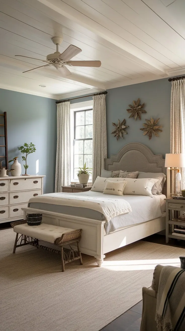This modern farmhouse bedroom blends vintage charm with cozy decor, featuring a soft blue palette, rustic furnishings, and a country vibe perfect for a stylish bedroom remodel.