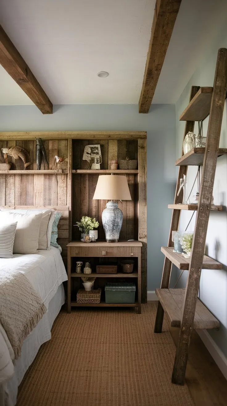With its light blue walls and cottage-like elements, this cozy bedroom decor captures the essence of a vintage farmhouse while offering a stylish bedroom remodel.