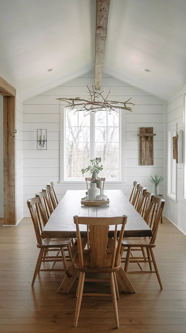With its white walls, wooden floors, and charming rustic accents, this modern farmhouse dining room showcases the best of farmhouse decor and design.