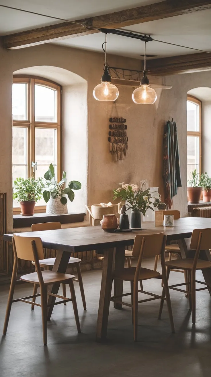 This modern farmhouse dining room features a large wooden table, rustic wooden beams, and warm lighting, perfectly blending contemporary farmhouse style with charming farmhouse decor.