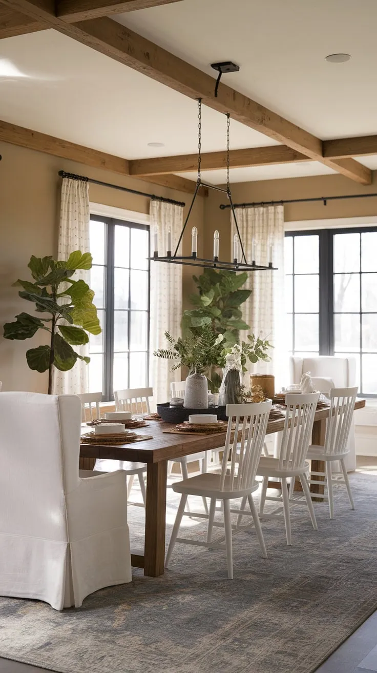 This cozy modern farmhouse dining room features a long wooden table, white chairs, and charming farmhouse decor, perfectly blending contemporary farmhouse style with inviting modern farmhouse interiors.