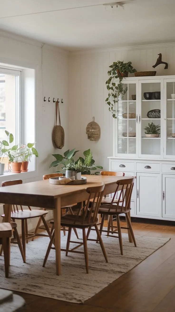 With its white walls, wooden floors, and stylish farmhouse dining decor, this modern farmhouse dining room exemplifies the charm of modern farmhouse interiors and kitchen ideas.