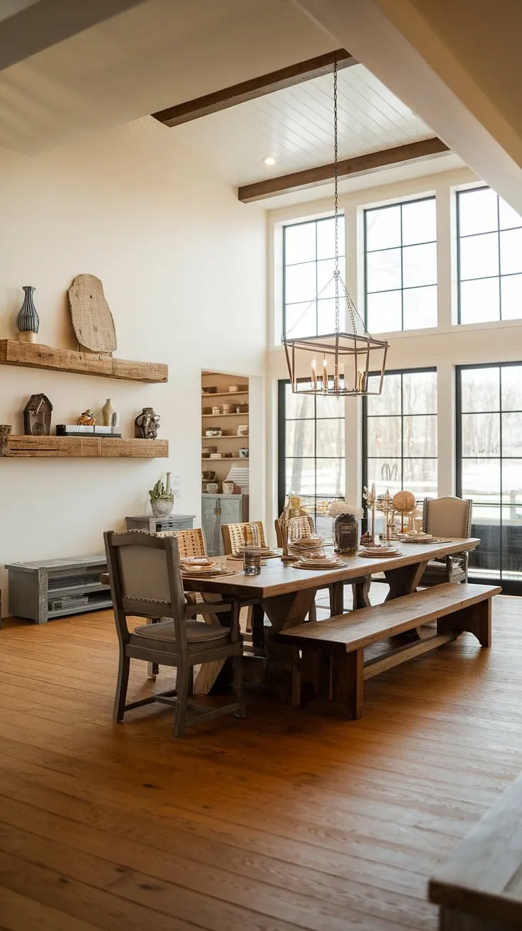 With its charming wooden elements and cozy ambiance, this modern farmhouse dining room showcases the best of farmhouse decor and design, making it an ideal space for gatherings.