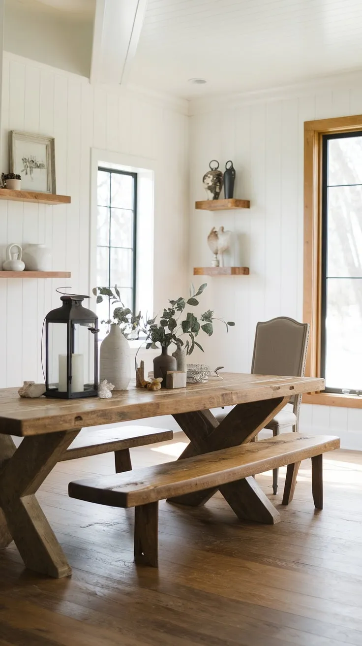This modern farmhouse dining room showcases a rustic wooden table adorned with charming decor, surrounded by bright white walls and natural light, perfectly embodying contemporary farmhouse style.