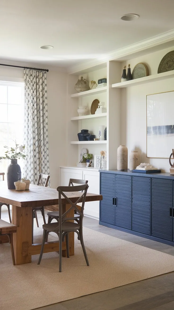 This modern farmhouse dining room showcases a rustic wooden table and chairs against white walls, complemented by farmhouse decor and a contemporary farmhouse style that highlights cute farmhouse design elements.