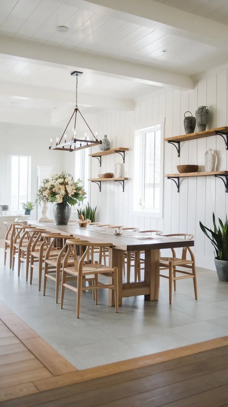 With its white walls, wooden shelves, and a mix of flooring, this modern farmhouse dining room showcases cute farmhouse design and inspiring farmhouse kitchen ideas.