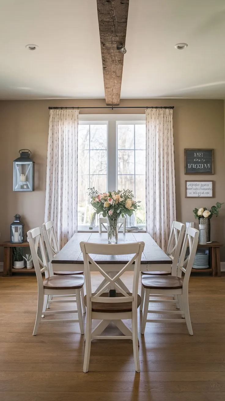 With its beige walls, wooden floors, and decorative accents, this modern farmhouse dining room exemplifies cute farmhouse design and inviting modern farmhouse interiors.