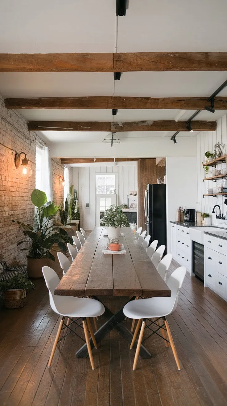 With its charming wooden table, vintage light fixture, and a mix of rustic and modern elements, this modern farmhouse dining room beautifully showcases the essence of farmhouse interiors and cute farmhouse design.