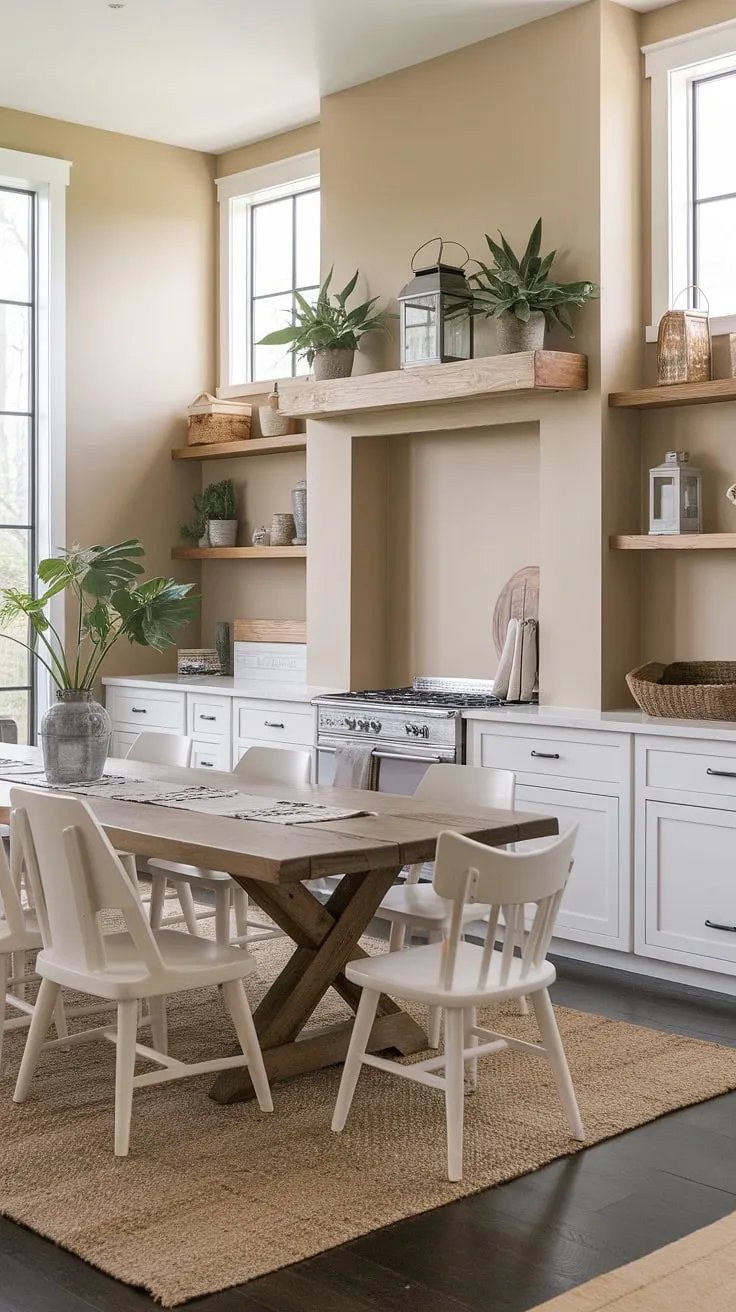 Bathed in natural light, this modern farmhouse dining room showcases a charming wooden table, white cabinetry, and thoughtful farmhouse kitchen ideas that enhance its inviting atmosphere.