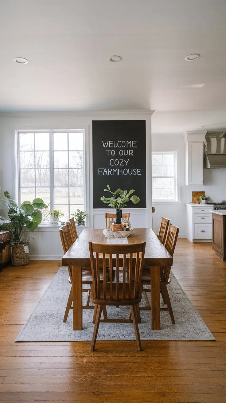 This modern farmhouse dining room features a large wooden table, white walls, and a cozy blackboard wall, perfectly blending farmhouse decor with contemporary farmhouse style.
