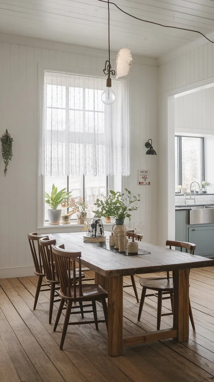 This modern farmhouse dining room features a rustic wooden table, vintage light fixture, and farmhouse decor that beautifully complements the contemporary farmhouse kitchen with its sleek black countertop.