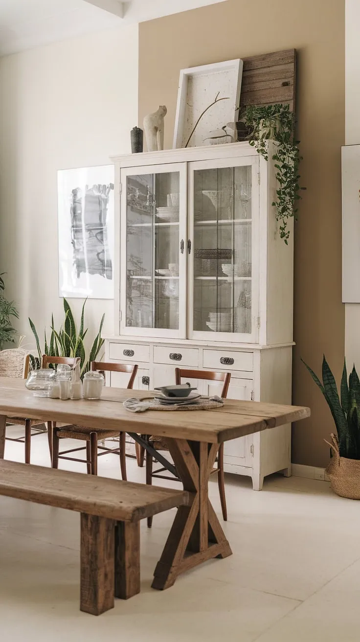 Featuring a beige and white color scheme with artwork and plants, this modern farmhouse dining room embodies the essence of farmhouse interiors and dining decor.