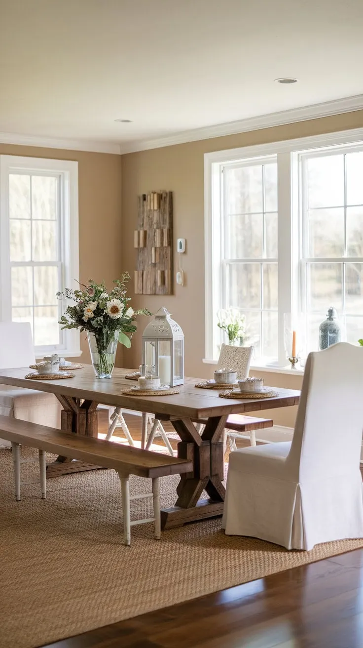 Bathed in natural light, this cute farmhouse design showcases a perfect harmony of modern farmhouse interiors and farmhouse dining decor, creating an inviting space for gatherings.