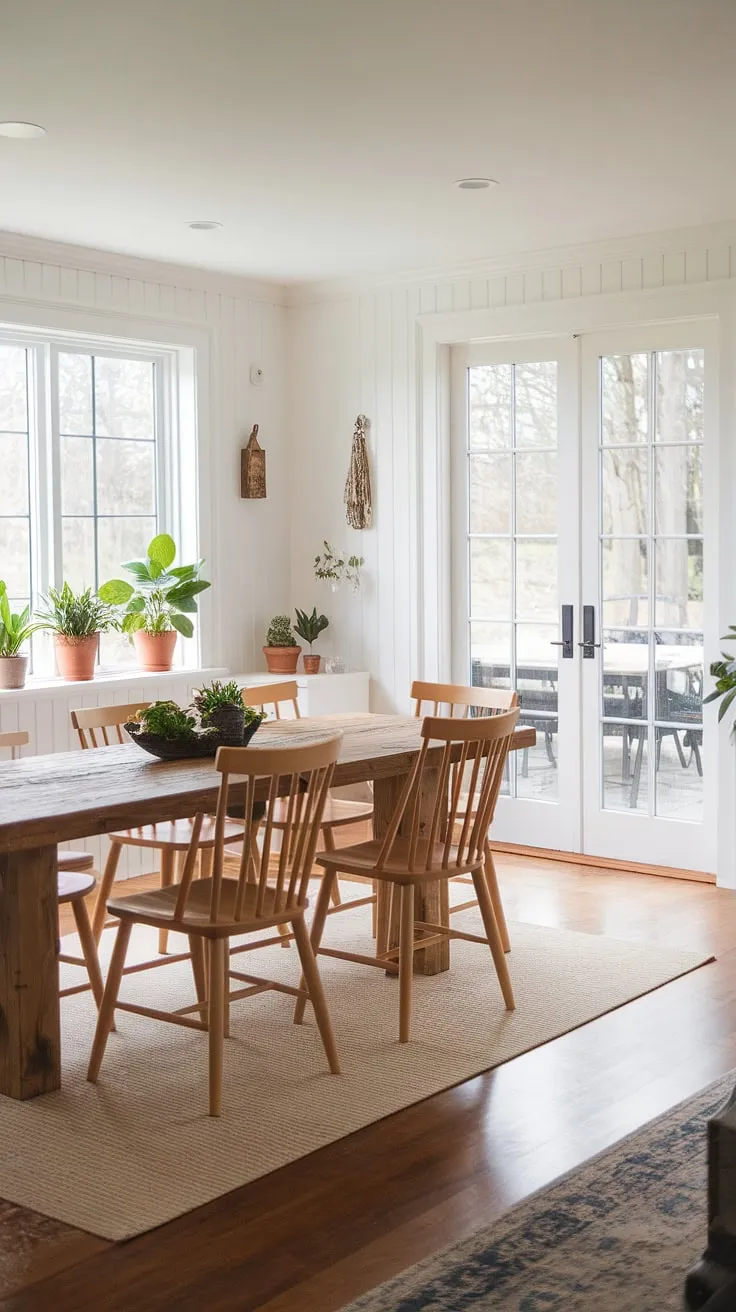 This modern farmhouse dining room features a rustic wooden table, potted plants, and charming farmhouse decor, perfectly blending contemporary farmhouse style with cozy modern farmhouse interiors.